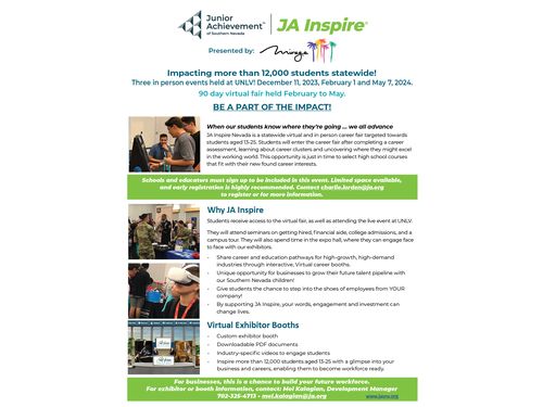 JA Inspire - In-Person, February 1 and May 7, 2024. Virtual February 1 - May 5, 2024